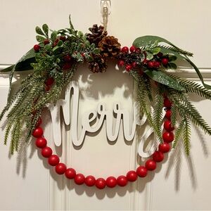 Holiday Wreath with Red Beads and Greenery